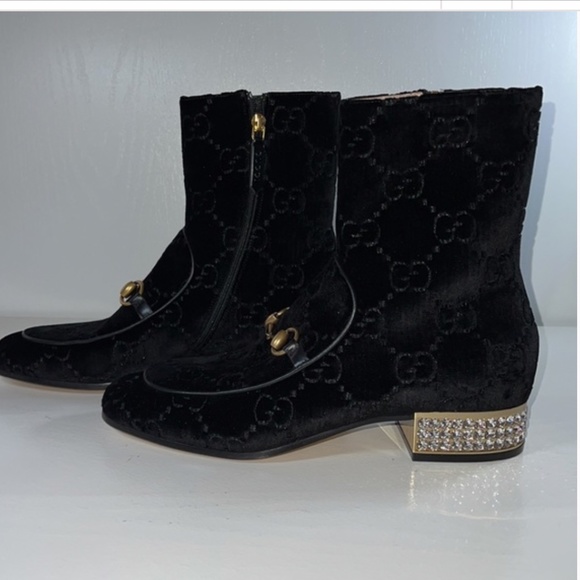 Authentic  Gucci Horsebit GG Velvet Crystal Ankle Boot - Picture 11 of 15